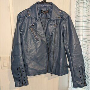 Colleen Lopez Blue Vegan Faux Leather Studded Moto Biker Zip Jacket Womens M